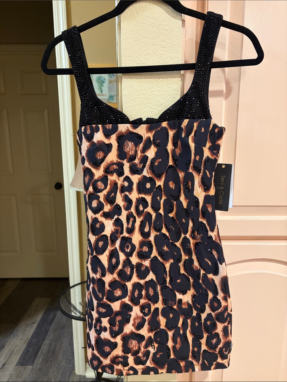 Seni & Cade Leopard Print Mini Dress with Black Beaded Straps small tear